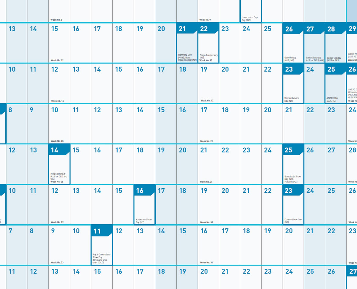 Close view of the year to view grid on the Sasco 2027 planner, showing dated cells with week numbers printed in the cells and public holidays named and tagged by jurisdiction such as AUS, NZ, TAS, NT and QLD.