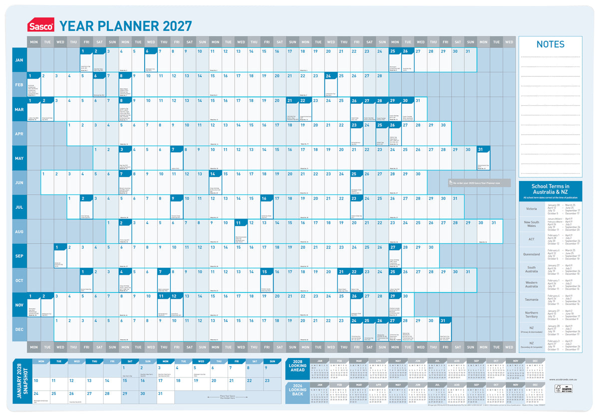 Sasco 2027 Standard Year Planner shown front on against a plain background, the full year to view grid with twelve month rows down the left and the days of the week across the top.