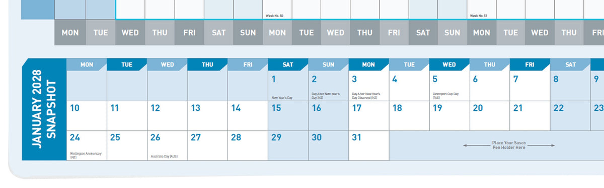 Close view of the bottom left of the Sasco 2027 planner showing the January 2028 snapshot month grid with holidays tagged AUS and NZ, and a marked area printed Place Your Sasco Pen Holder Here, holder not supplied.