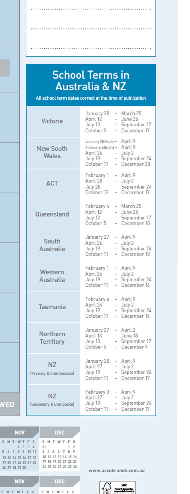 Close view of the School Terms in Australia and NZ panel on the Sasco 2027 year planner, listing four dated school terms each for Victoria, New South Wales, ACT, Queensland, South Australia, Western Australia, Tasmania, Northern Territory, NZ Primary and Intermediate, and NZ Secondary and Composite.