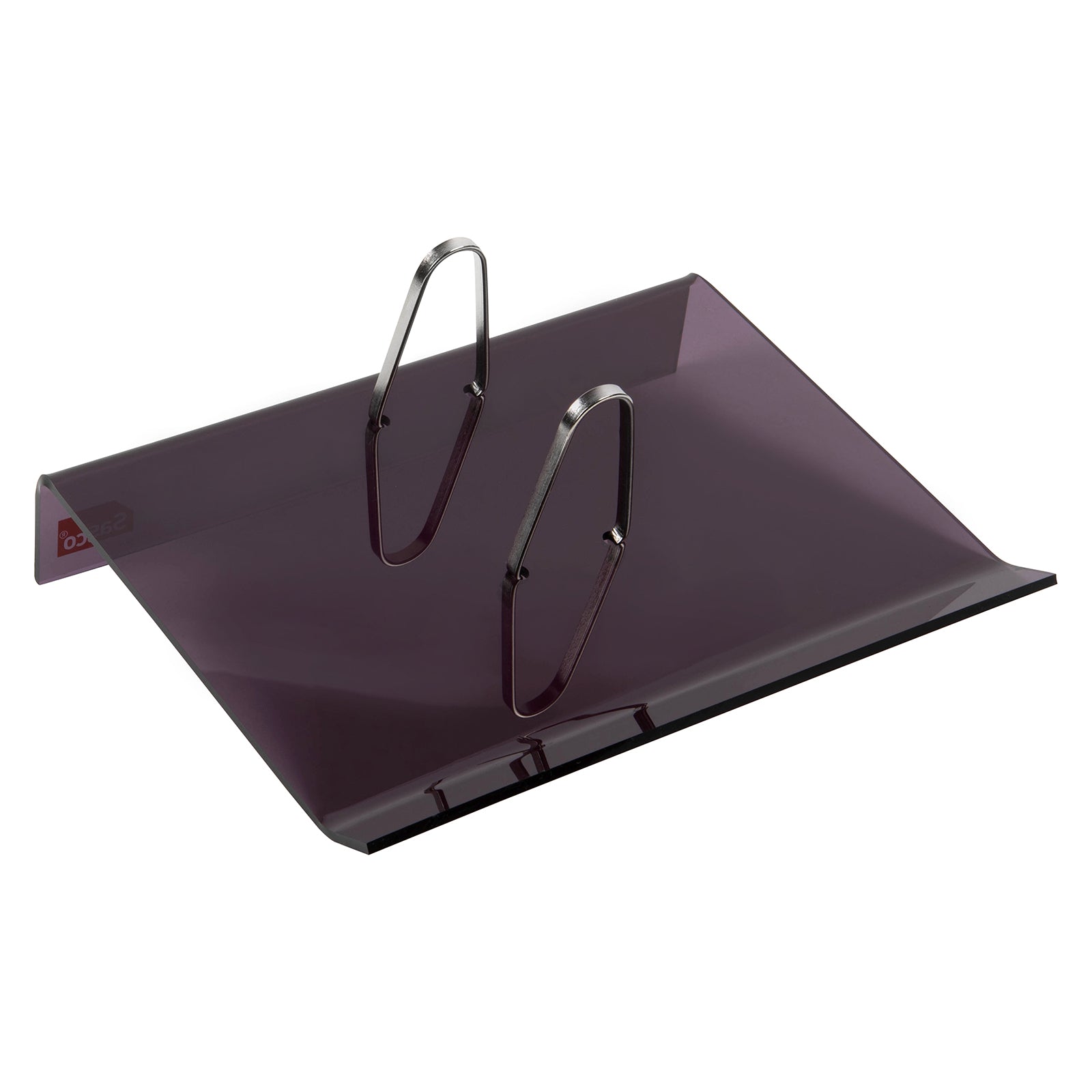 A studio product image of the empty Sasco Smoke Desk Calendar Stand isolated on a white background. The side opening ring mechanism and durable smoke acrylic construction are clearly visible, demonstrating the stand ready for installation of compatible calendar refills.