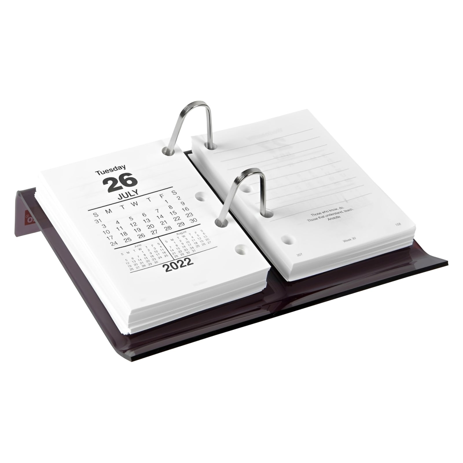 Image 4:
A clean studio product image featuring the Sasco Smoke Side Opening Desk Calendar Stand fitted with calendar refill pages against a white background. The image highlights the transparent smoke acrylic finish, dual ring mechanism and compact desktop design.