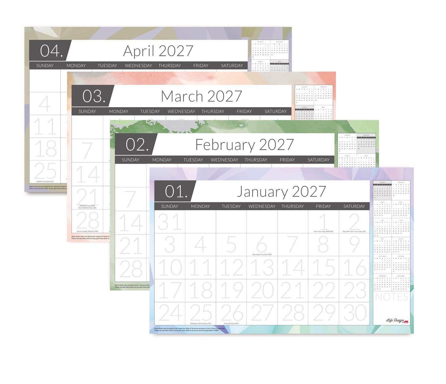 Sasco Life Design Nova Desk Planner 2027 450 x 276mm opened to show the printed monthly grid and the dated planning layout inside.