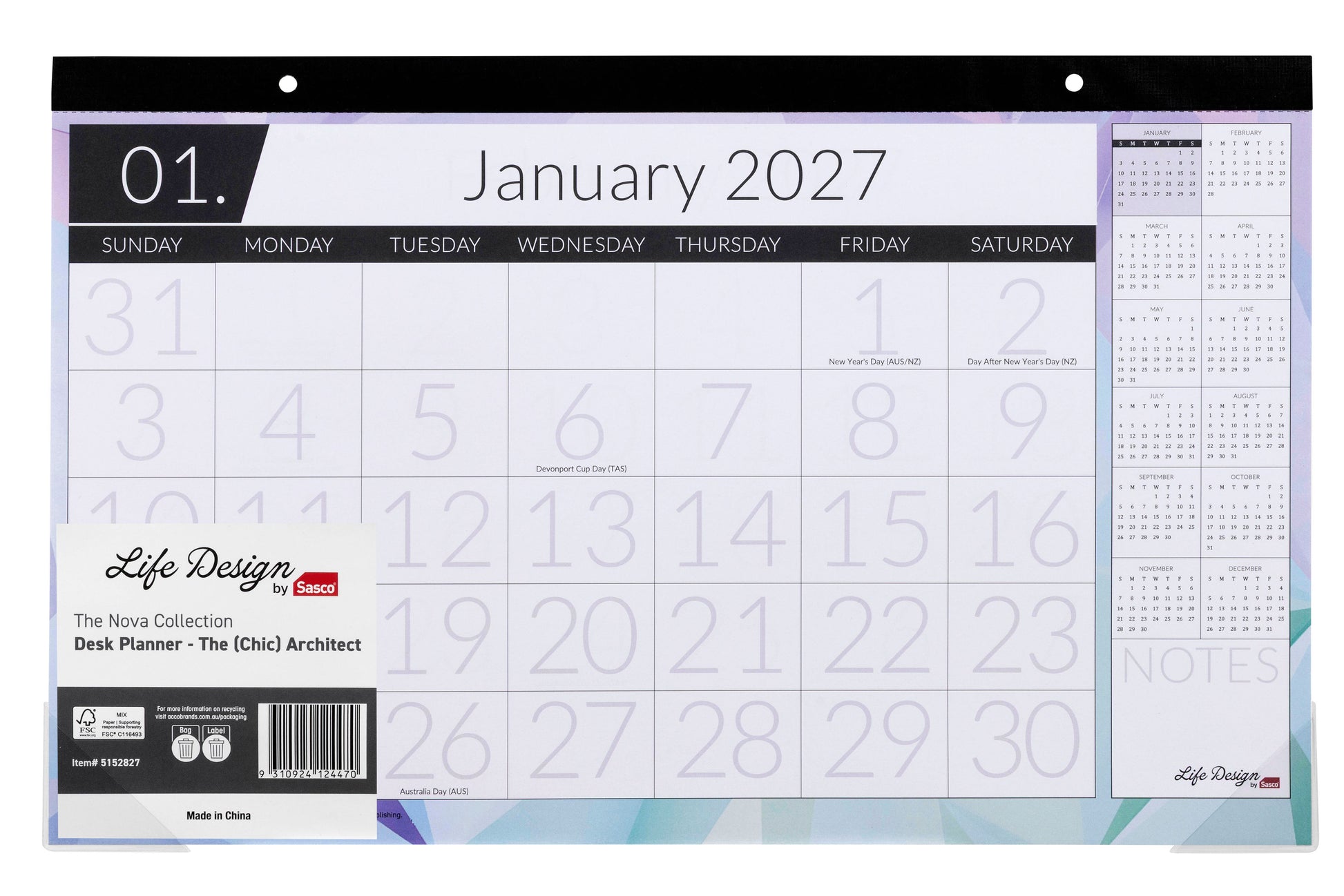 Sasco Life Design Nova Desk Planner 2027 450 x 276mm shown with its retail packaging and the product information panel visible.