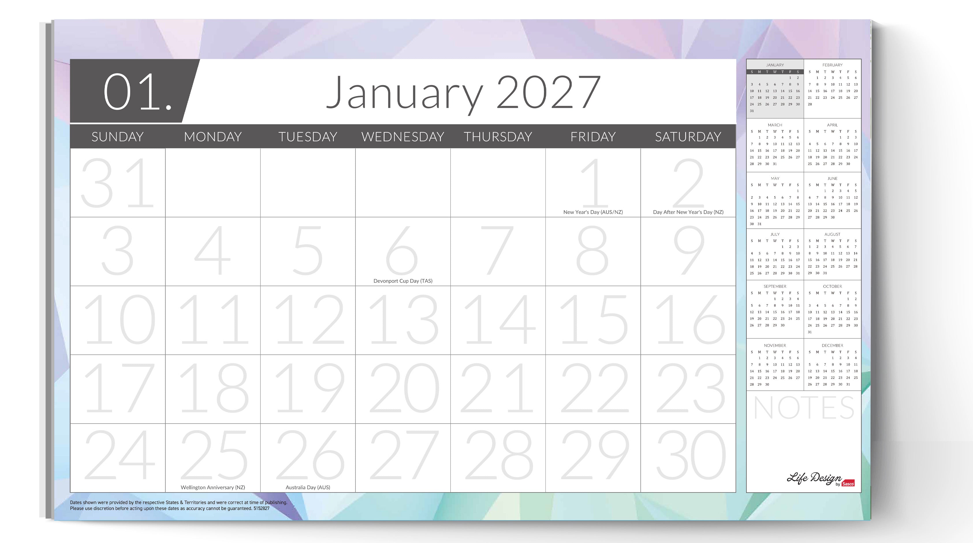 Sasco Life Design Nova Desk Planner 2027 450 x 276mm shown front on, the Life Design print, photographed flat against a plain background.