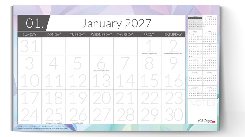 Sasco Life Design Nova Desk Planner 2027 450 x 276mm shown front on, the Life Design print, photographed flat against a plain background.