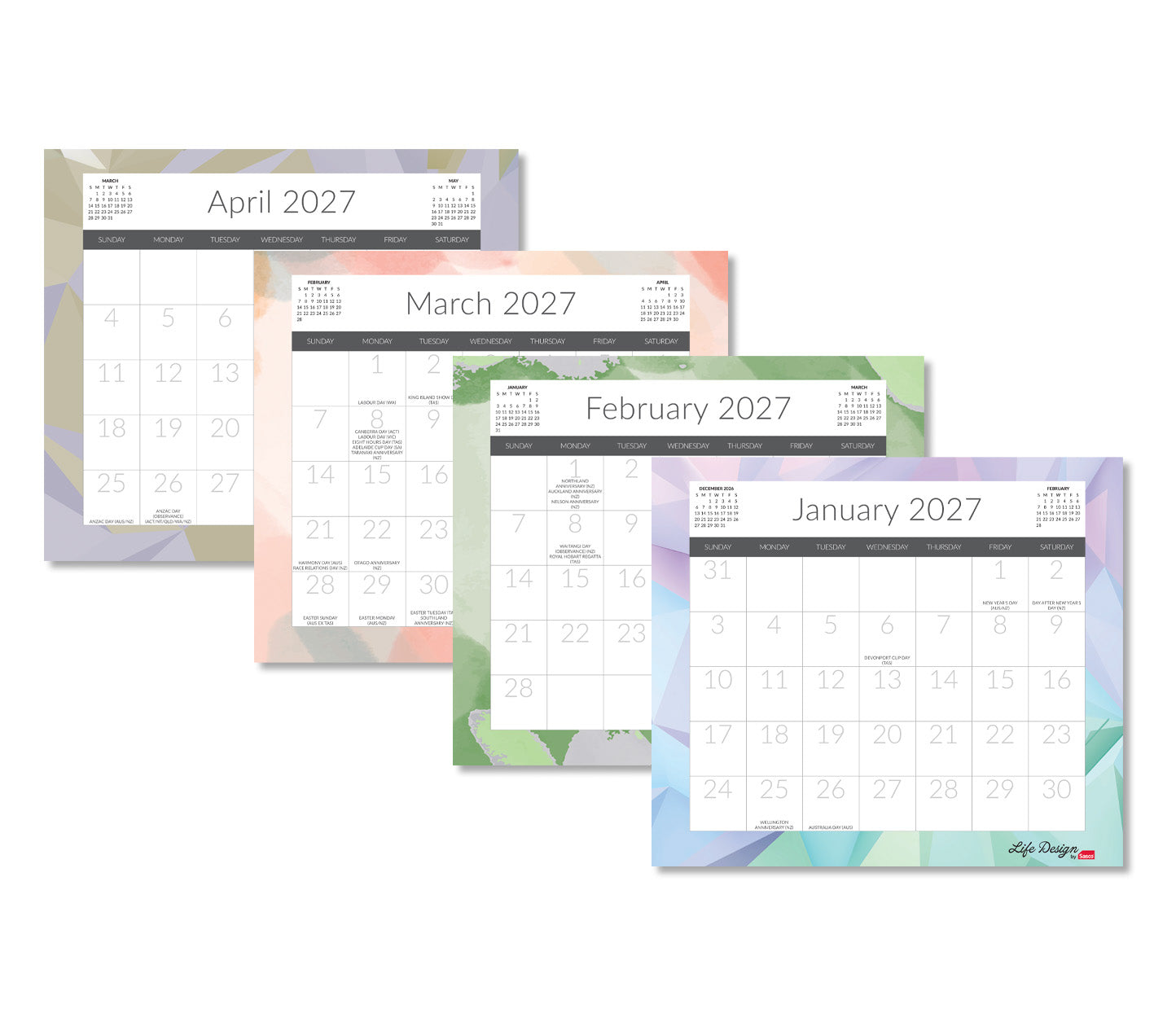 Sasco Life Design Nova Magnetic Calendar 2027 325 x 315mm opened to show the printed monthly grid and the dated planning layout inside.