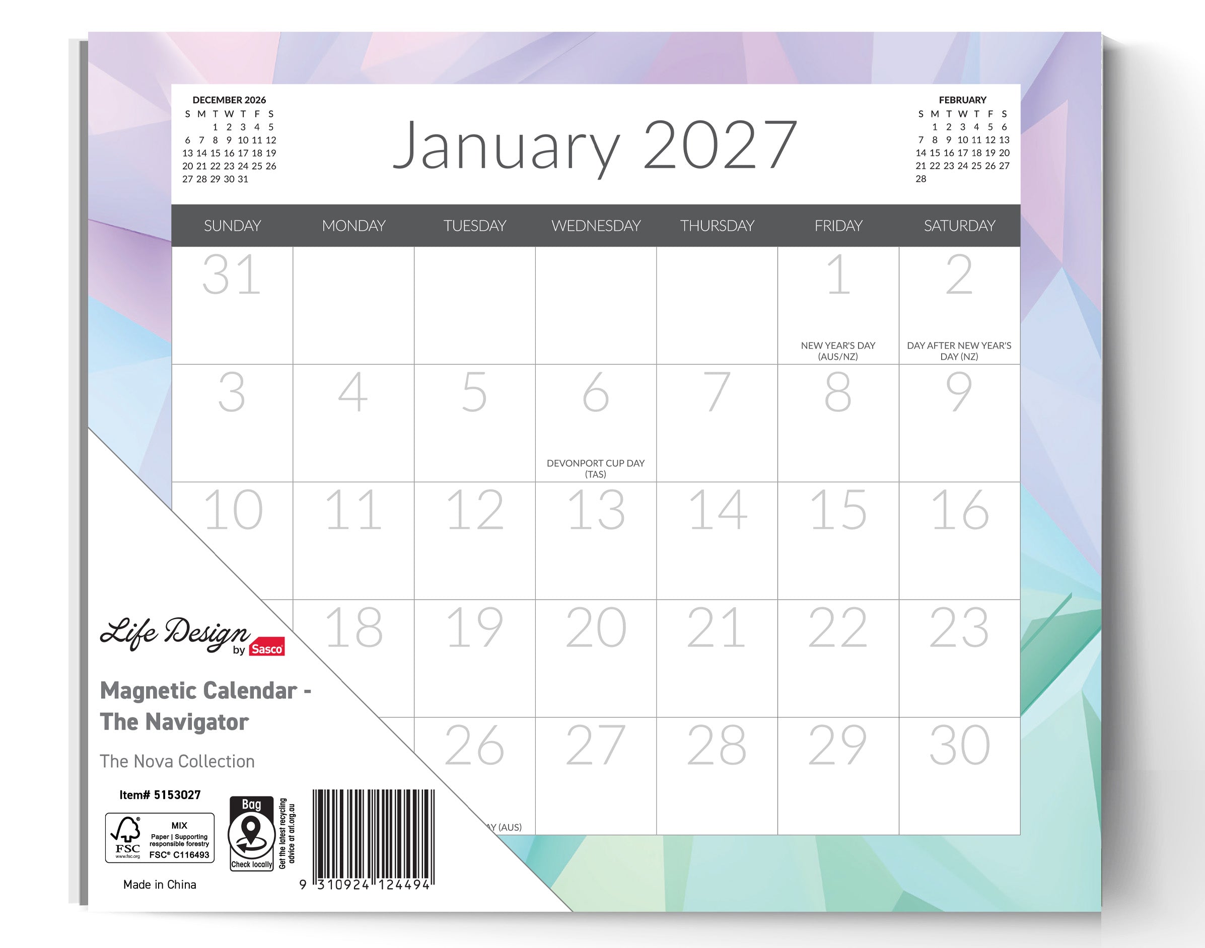 Sasco Life Design Nova Magnetic Calendar 2027 325 x 315mm shown front on, the Life Design print, photographed flat against a plain background.