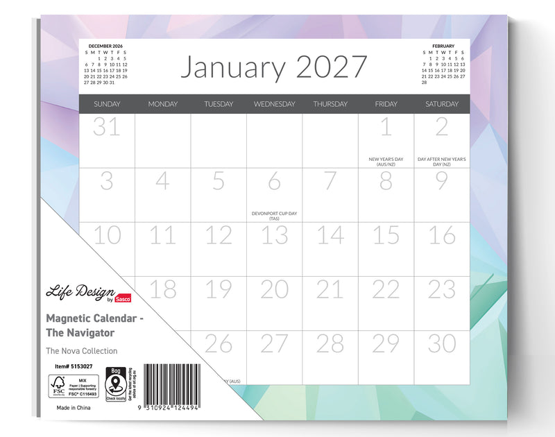 Sasco Life Design Nova Magnetic Calendar 2027 325 x 315mm shown front on, the Life Design print, photographed flat against a plain background.