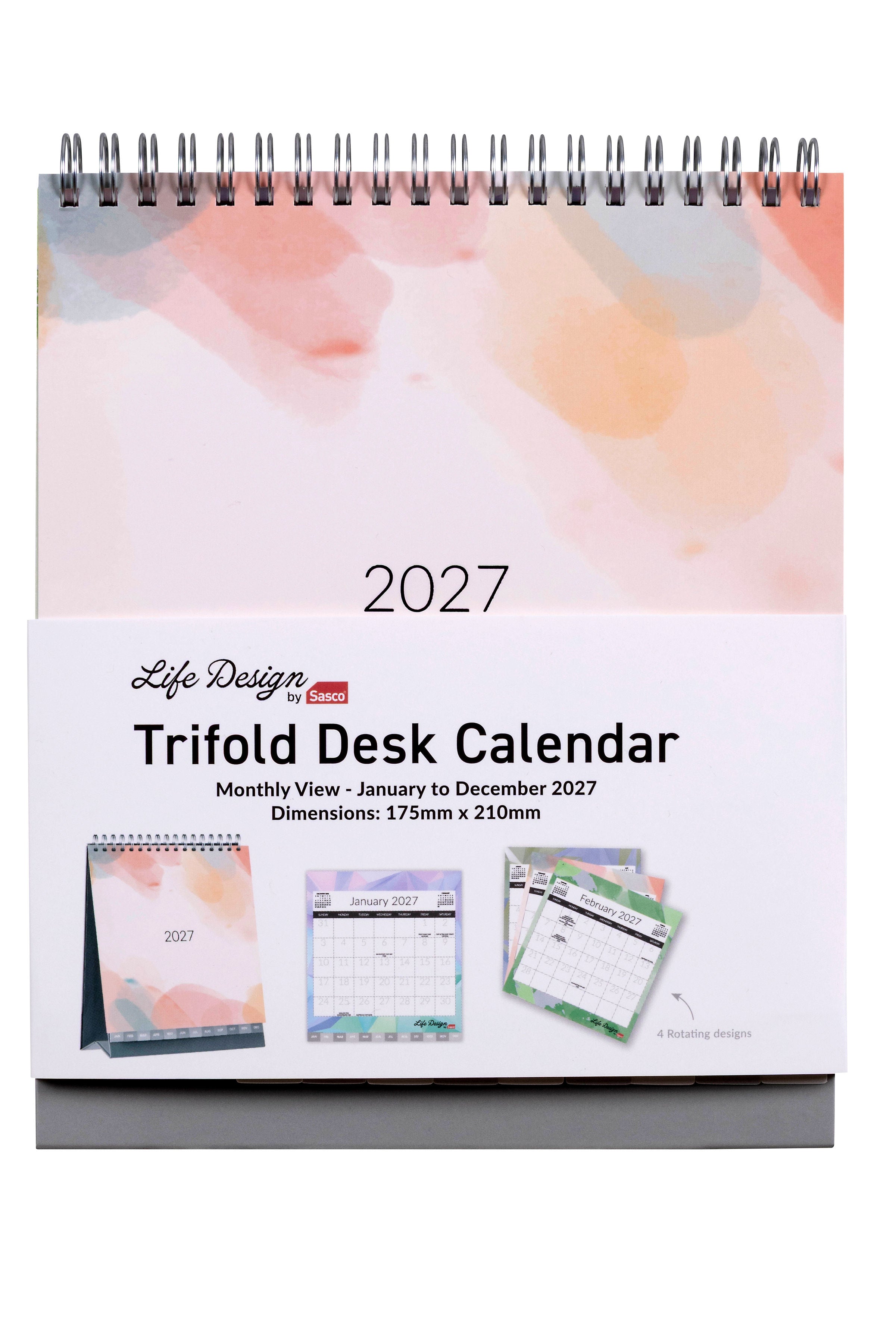 Sasco Life Design Nova Tri-Fold Desk Calendar 2027 172 x 247mm shown with its retail packaging and the product information panel visible.