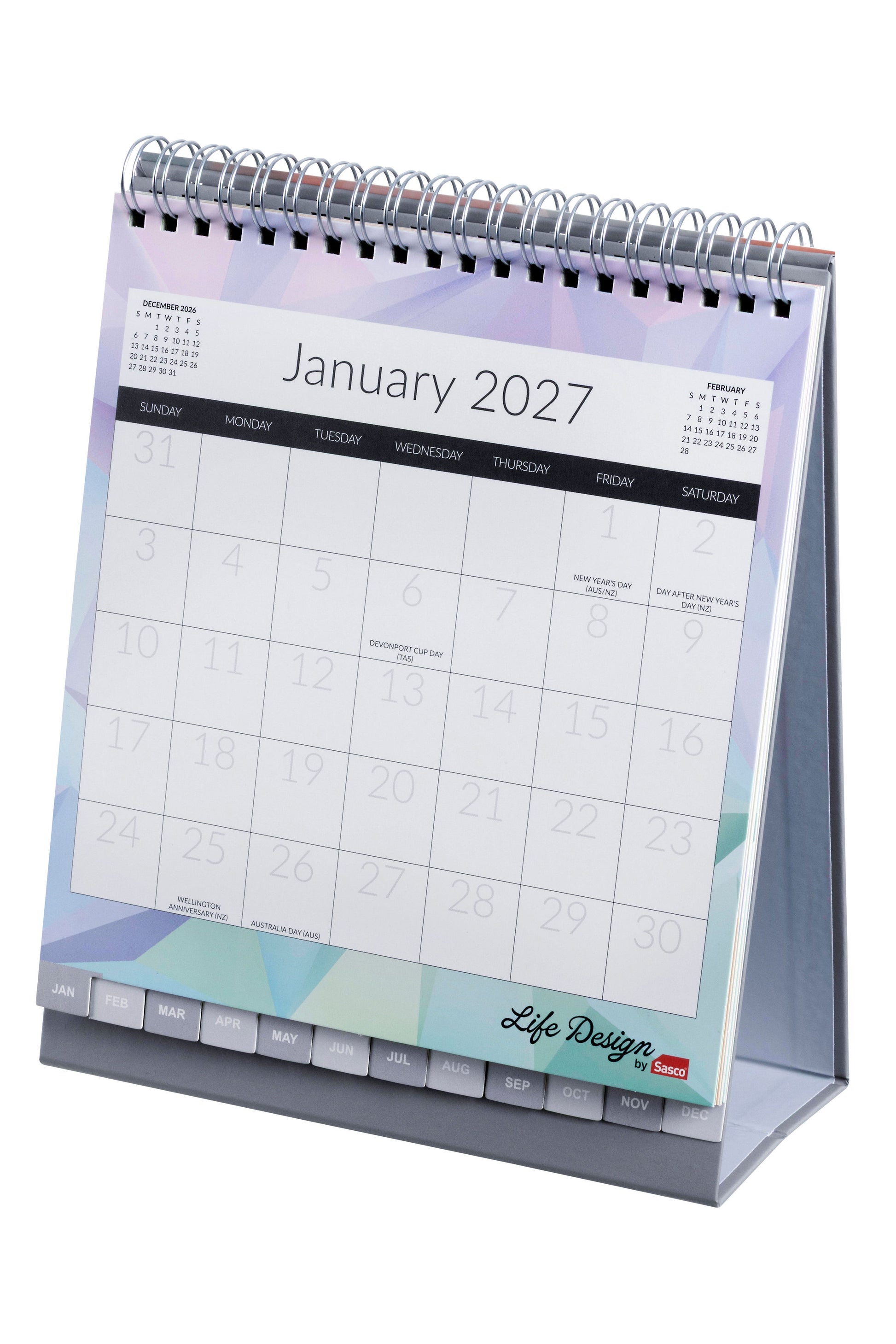 Sasco Life Design Nova Tri-Fold Desk Calendar 2027 172 x 247mm shown front on, the Life Design print, photographed flat against a plain background.