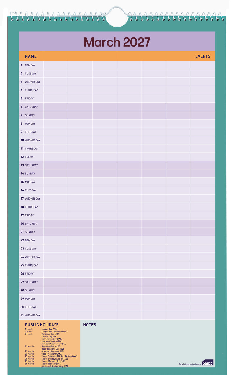 Sasco Life Design Tribe Family Activities Planner 2027 250 x 410mm opened to show the printed monthly grid and the dated planning layout inside.