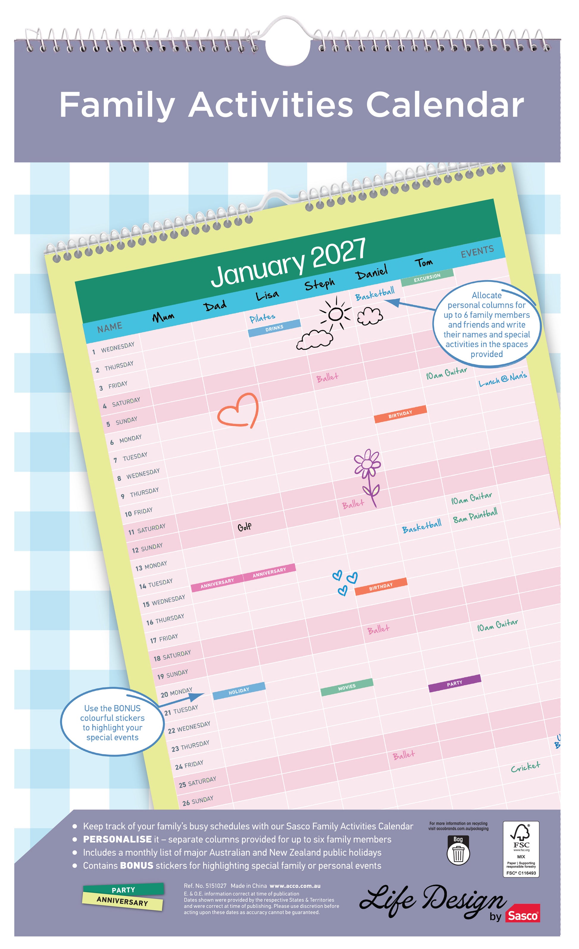 Sasco Life Design Tribe Family Activities Planner 2027 250 x 410mm shown front on, the Life Design print, photographed flat against a plain background.