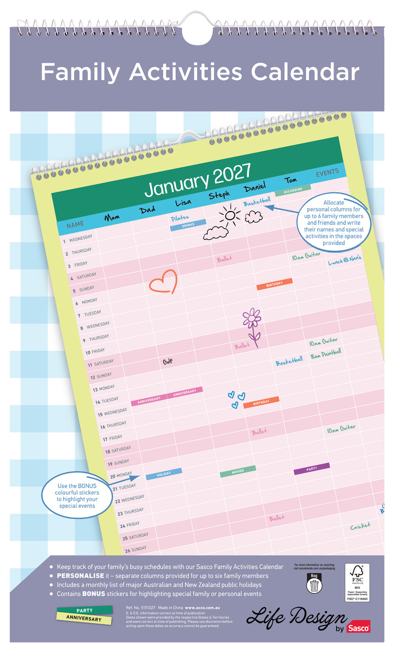 Sasco Life Design Tribe Family Activities Planner 2027 250 x 410mm shown front on, the Life Design print, photographed flat against a plain background.