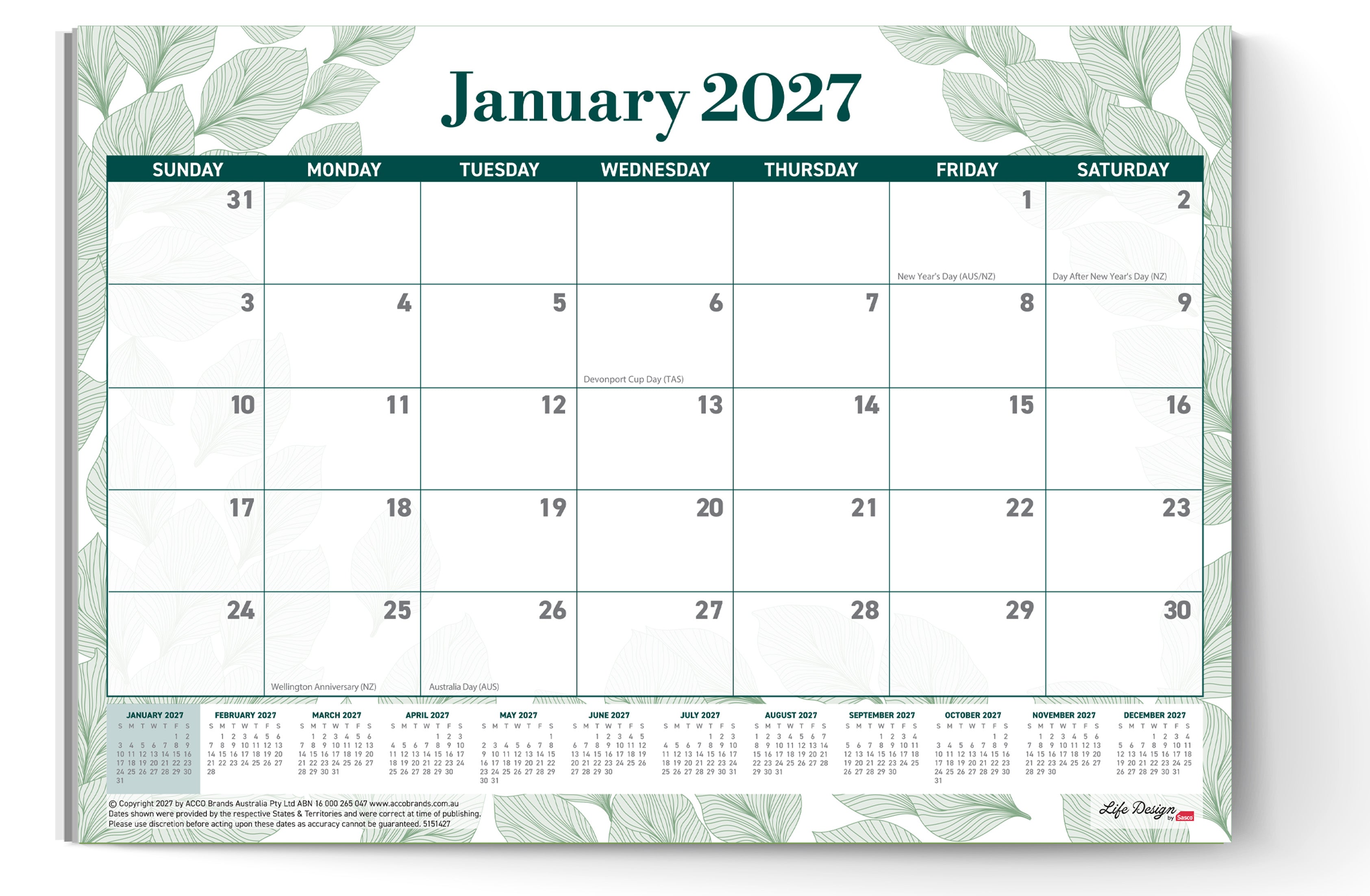 Sasco Life Design Willow Large Desk Planner 2027 480 x 340mm shown front on, the Life Design print, photographed flat against a plain background.