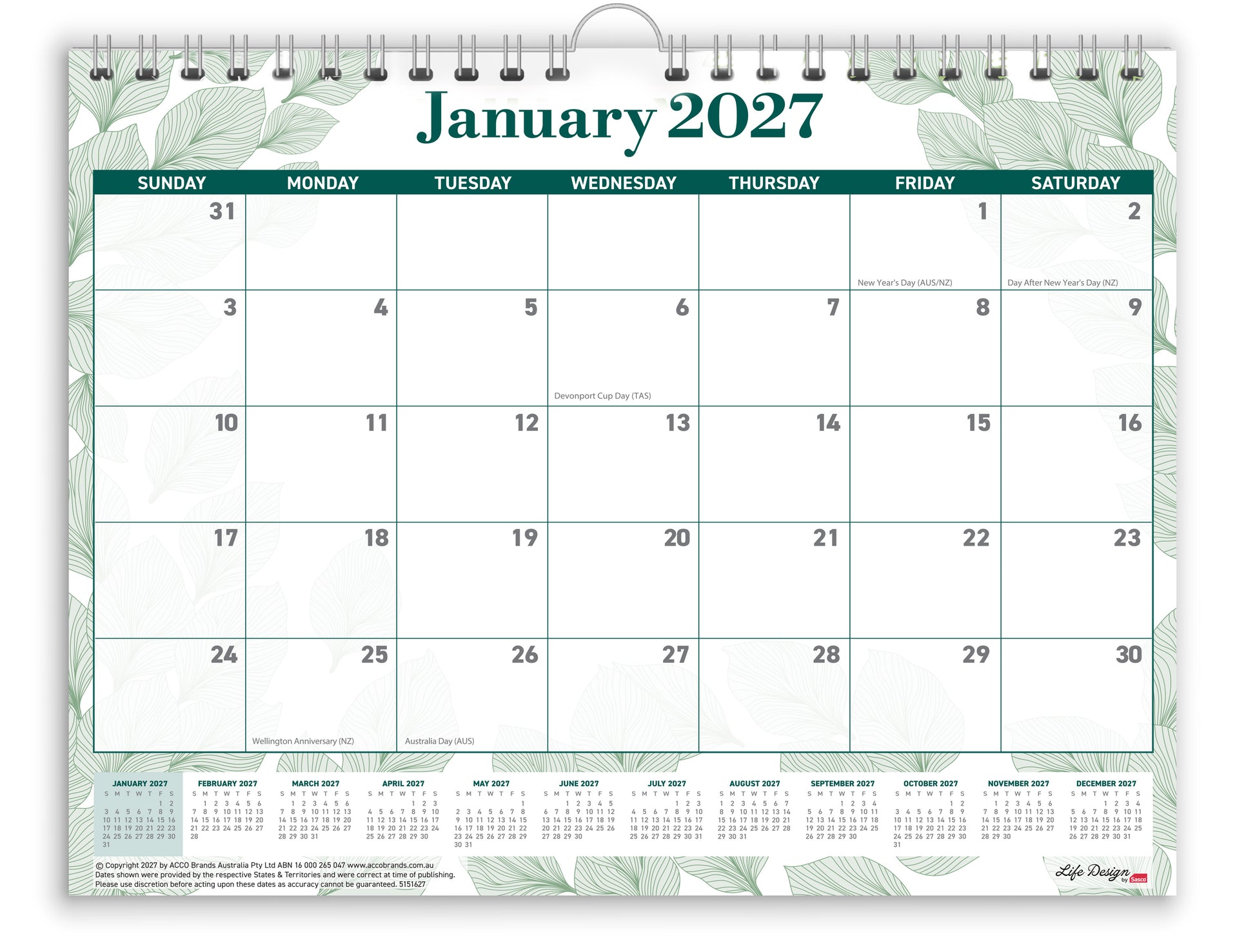 Sasco Life Design Willow Large Wall Calendar 2027 380 x 300mm shown front on, the Life Design print, photographed flat against a plain background.