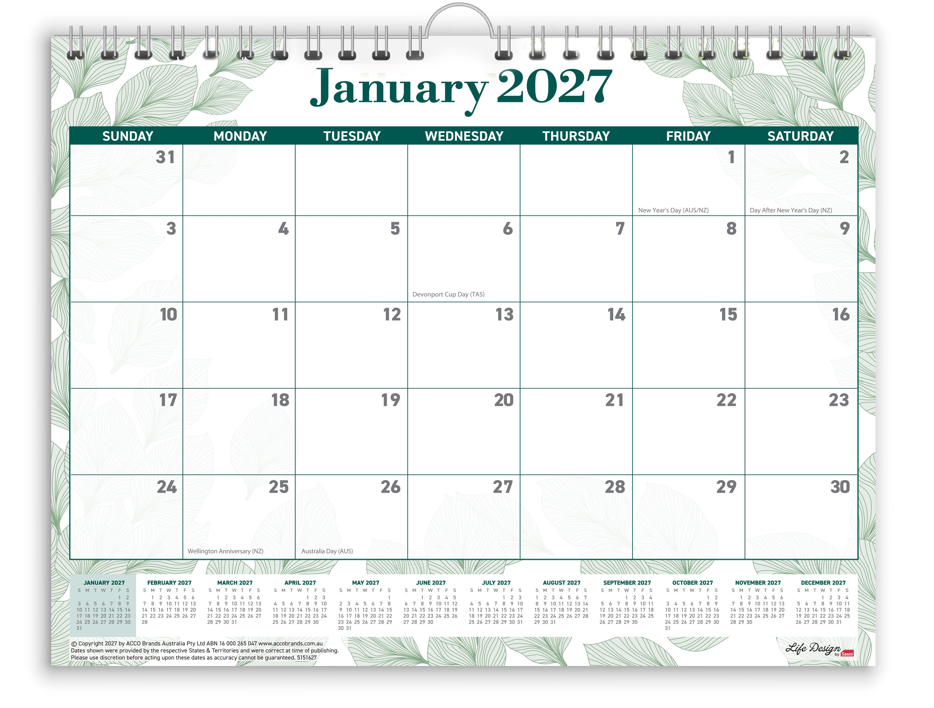 Sasco Life Design Willow Large Wall Calendar 2027 380 x 300mm shown front on, the Life Design print, photographed flat against a plain background.