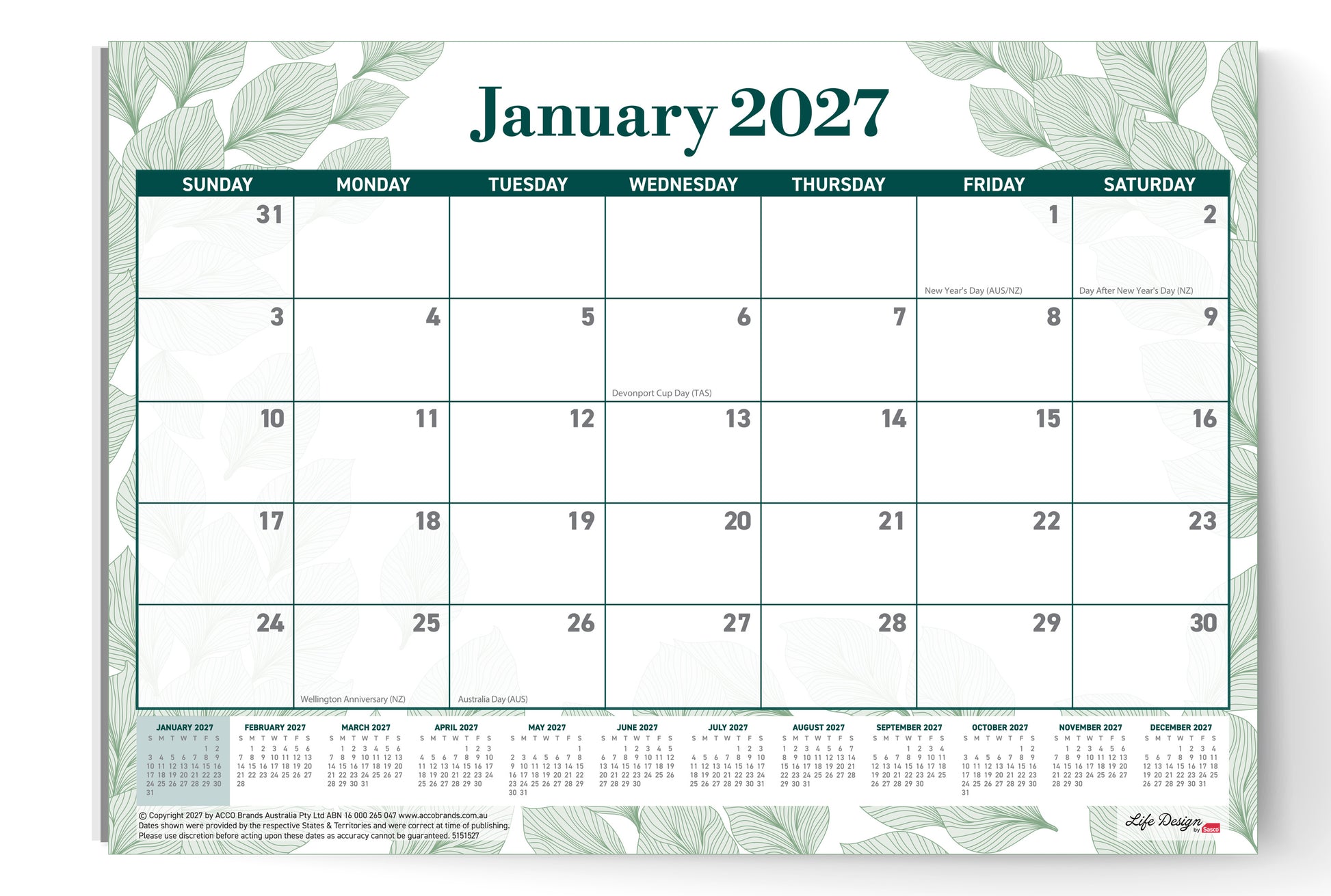 Sasco Life Design Willow Small Desk Planner 2027 210 x 297mm shown front on, the Life Design print, photographed flat against a plain background.