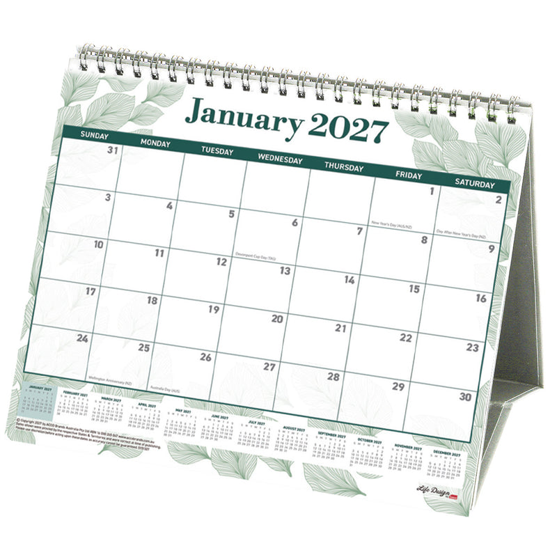 Sasco Life Design Willow Tri-Fold Desk Calendar 2027 210 x 180mm opened to show the printed monthly grid and the dated planning layout inside.