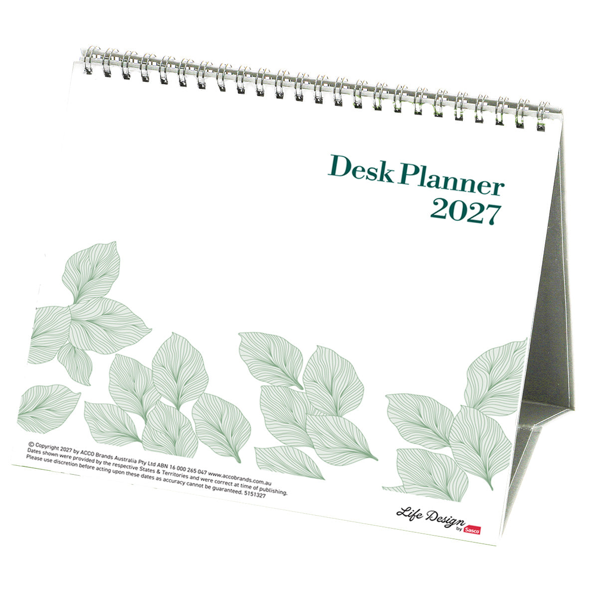 Sasco Life Design Willow Tri-Fold Desk Calendar 2027 210 x 180mm shown front on, the Life Design print, photographed flat against a plain background.
