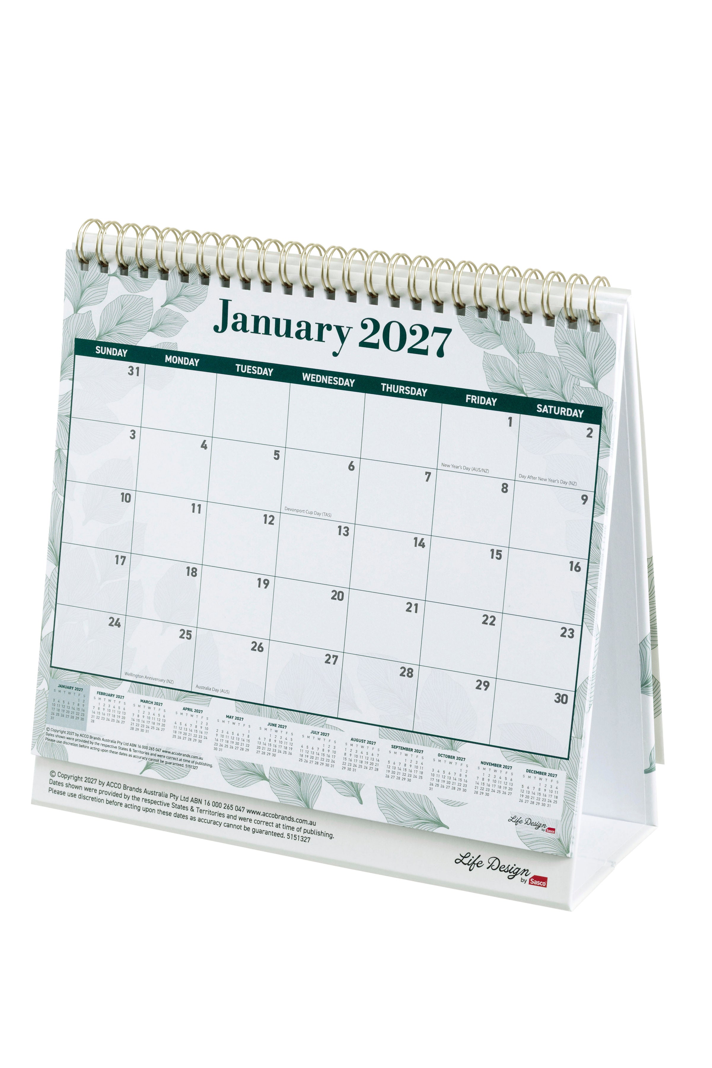 Sasco Life Design Willow Tri-Fold Desk Calendar 2027 210 x 180mm standing open on a desk, showing how it sits upright in use.