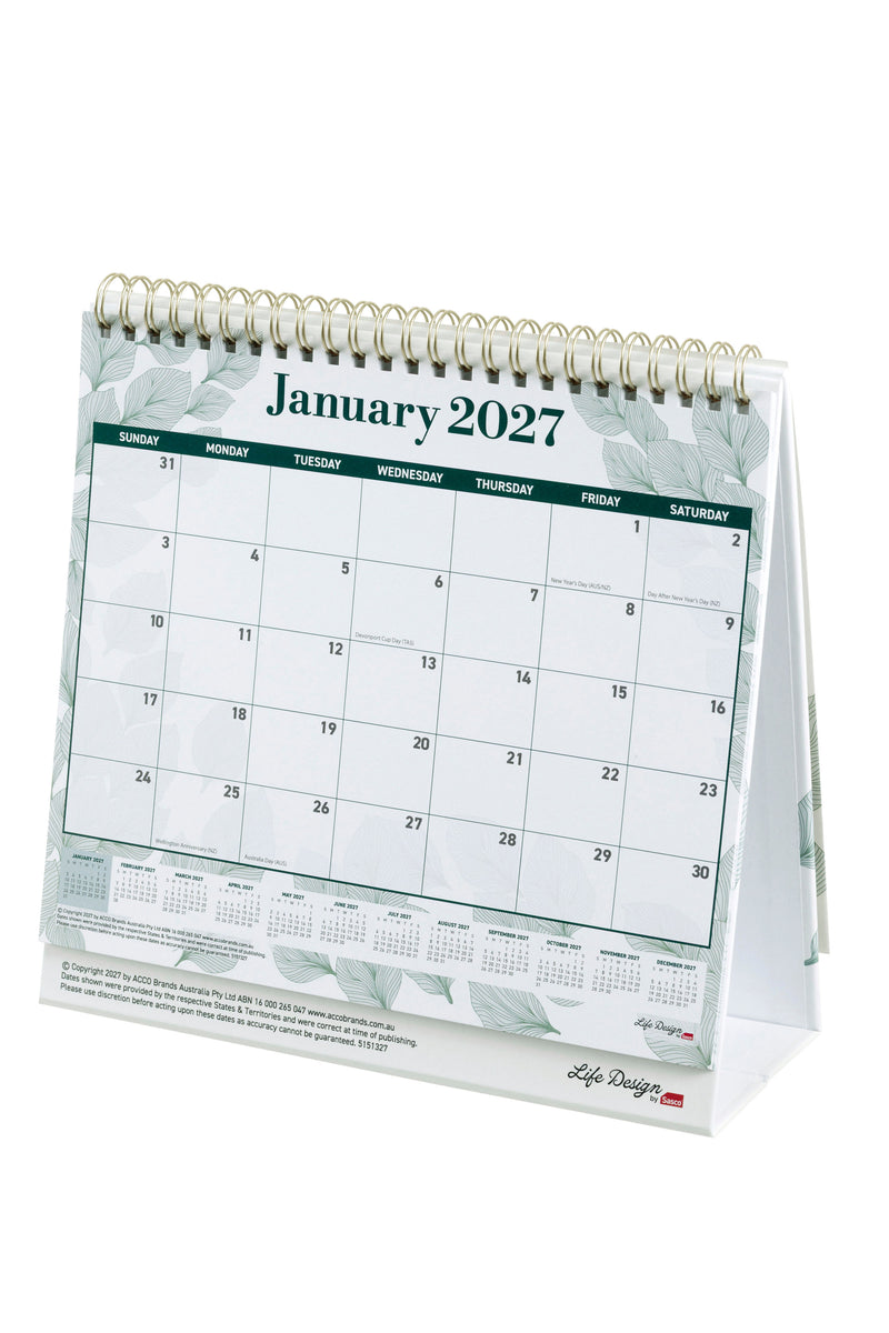 Sasco Life Design Willow Tri-Fold Desk Calendar 2027 210 x 180mm standing open on a desk, showing how it sits upright in use.