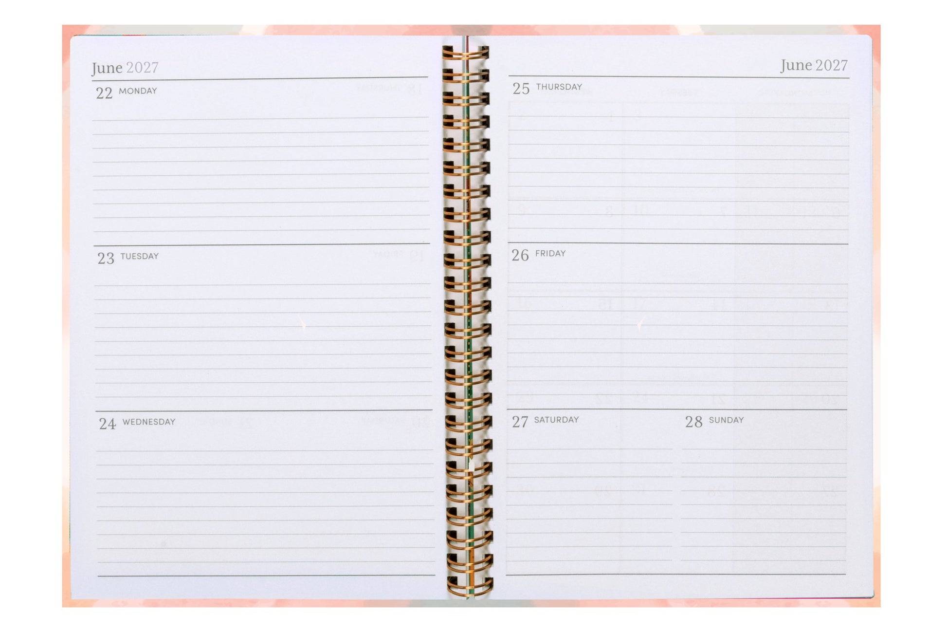 Sasco Life Design Nova Diary 2027 A5 Week To View opened to show the printed week to view interior pages and the dated planning grid.