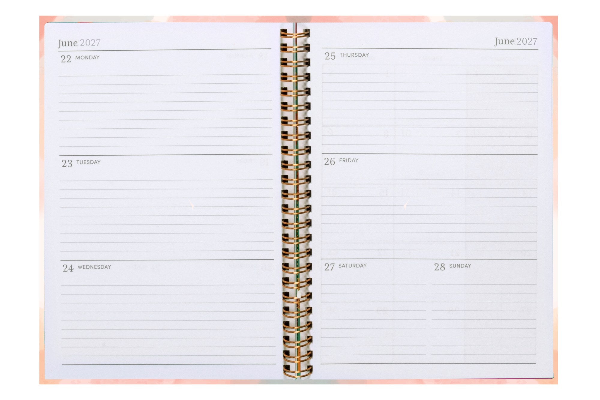 Sasco Life Design Nova Diary 2027 A5 Week To View opened to show the printed week to view interior pages and the dated planning grid.