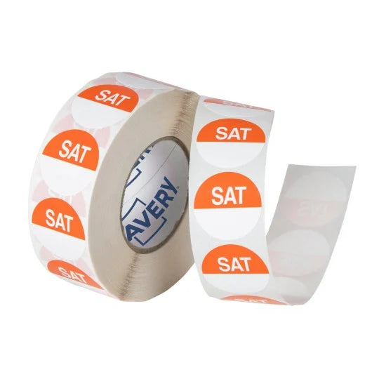Roll of Avery Saturday removable food rotation labels with orange day indicator for kitchen date labelling and food safety.