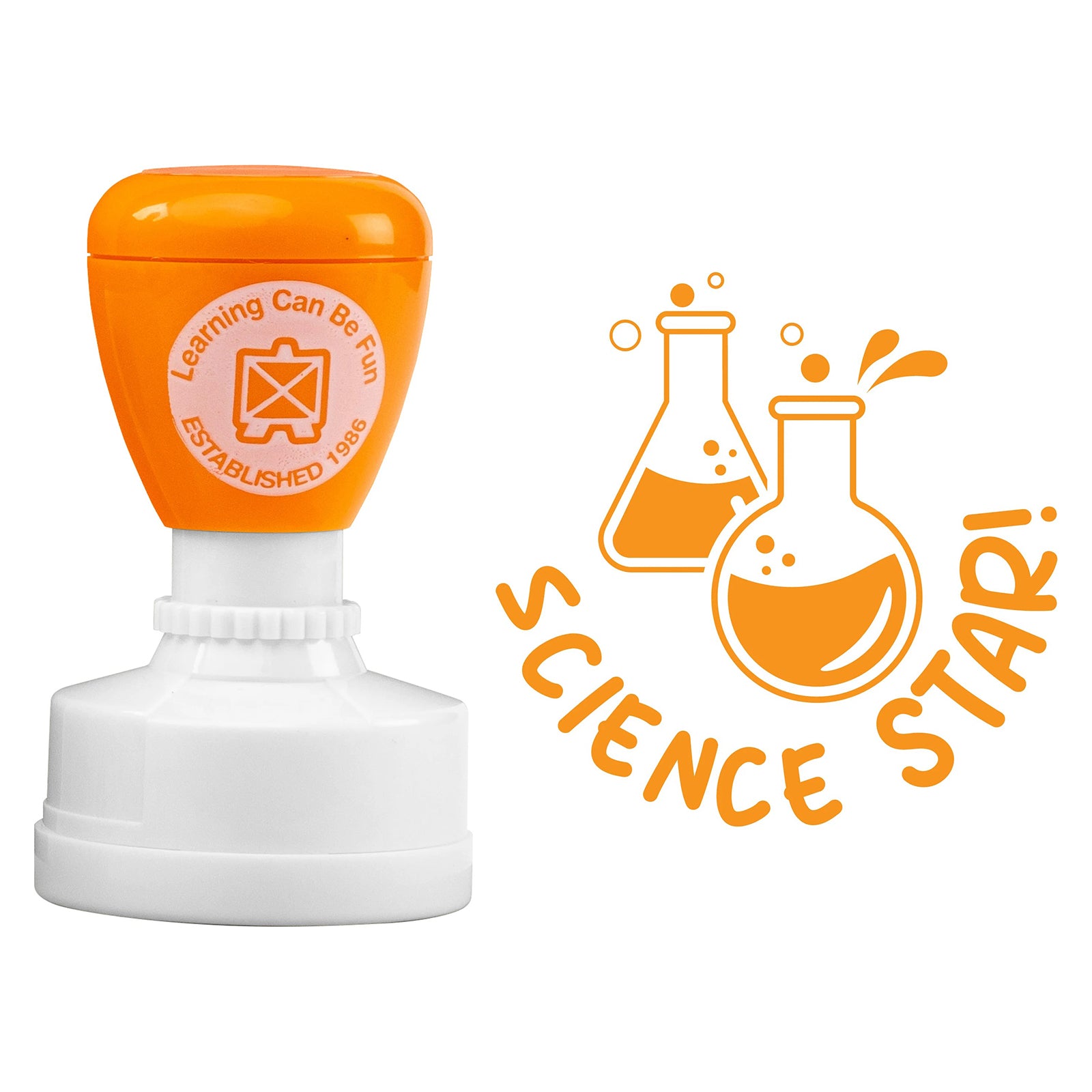 Product image showing the orange self inking merit stamp alongside the complete Science Star flask artwork. The clear design demonstrates the bold impression quality and showcases the educational science theme used for positive student feedback.
