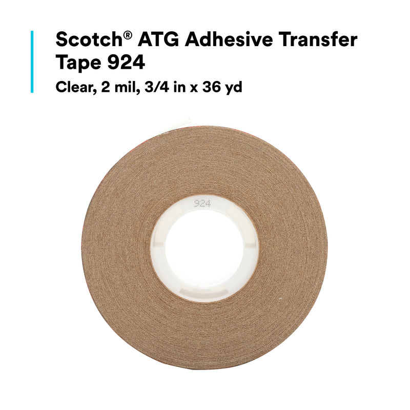 Face-on view of one Scotch ATG 924 roll on a white background, captioned Scotch ATG Adhesive Transfer Tape 924, clear, 2 mil, 3/4 in x 36 yd.