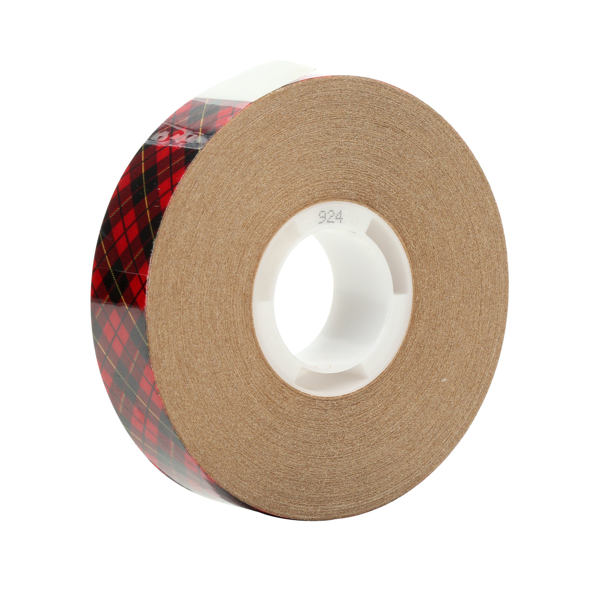 Single roll of Scotch ATG Adhesive Transfer Tape 924, 3/4 in wide, showing the tan liner face, red and black Scotch plaid edge and 924 printed on the white core, on a white background.