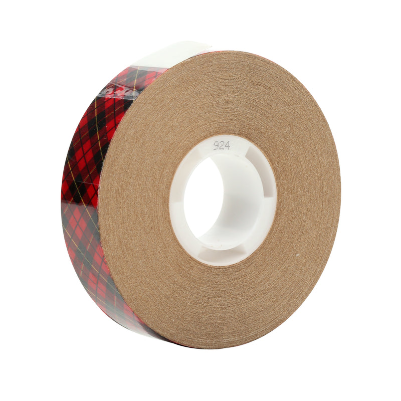 Single roll of Scotch ATG Adhesive Transfer Tape 924, 3/4 in wide, showing the tan liner face, red and black Scotch plaid edge and 924 printed on the white core, on a white background.