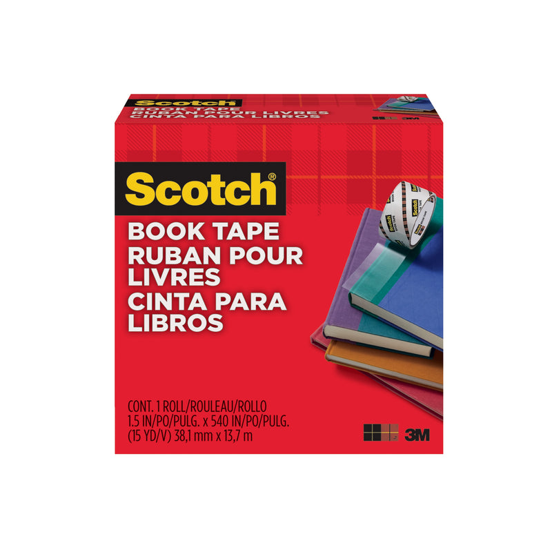 Red Scotch Book Tape 845 carton with an illustration of stacked books and a roll of tape, printed with the contents one roll, 38.1 mm x 13.7 m, on a white background.