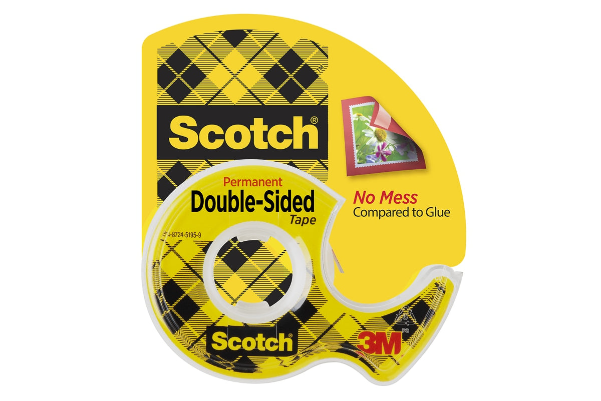 Scotch permanent Double-Sided Tape on a dispenser in a yellow tartan card pack marked no mess compared to glue