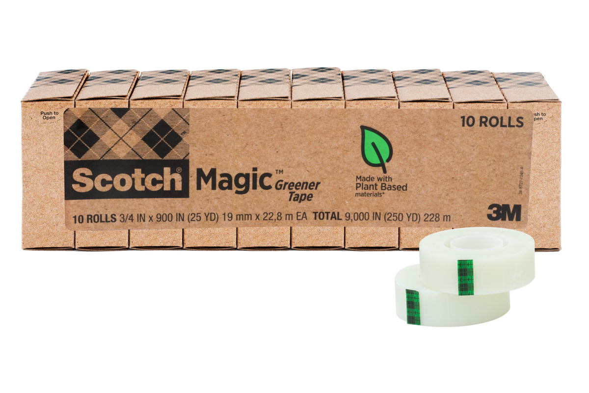 Scotch Magic Greener Tape 10-roll pack: ten kraft push-to-open roll cartons in a row under one label, with two loose rolls of tape in front, on a white background.