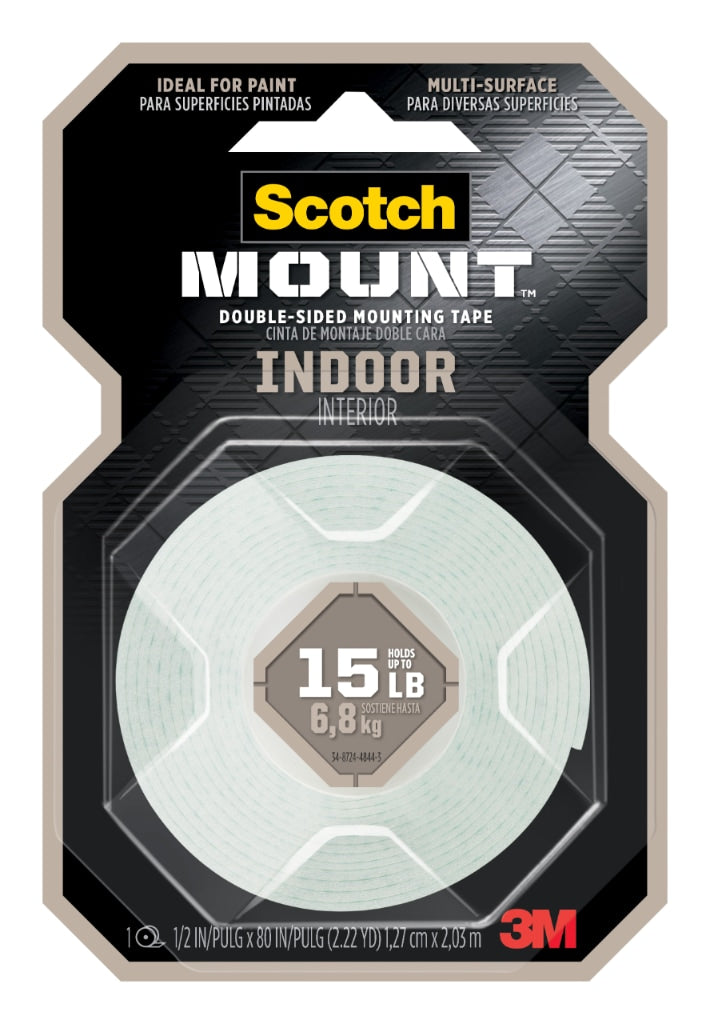 Scotch-Mount Indoor Double-Sided Mounting Tape 110H in a black card pack with a white roll and a 15 lb, 6.8kg rating