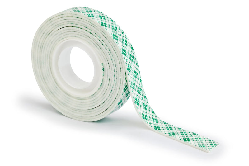 Roll of white Scotch indoor foam mounting tape partly unrolled, showing the green and white chequered liner