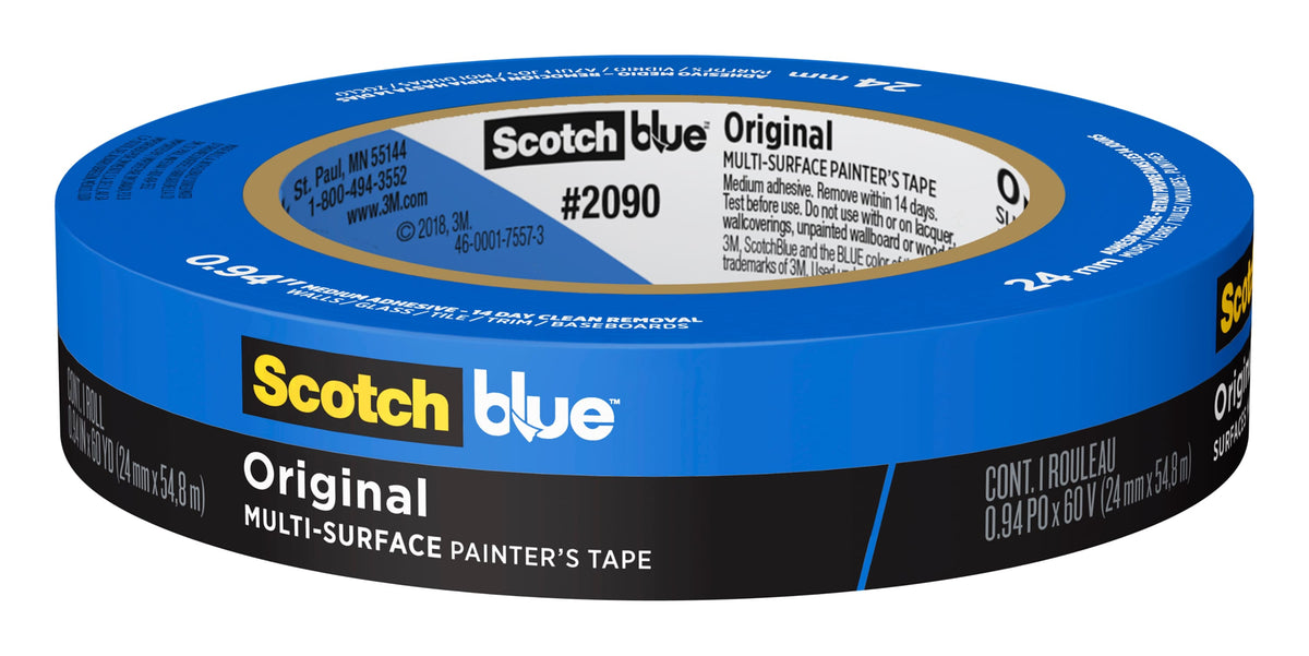 Single roll of ScotchBlue Original Multi-Surface Painter's Tape 2090, 24 mm wide, with a blue, black and yellow label reading contents one roll, 24 mm x 54.8 m, on a white background.