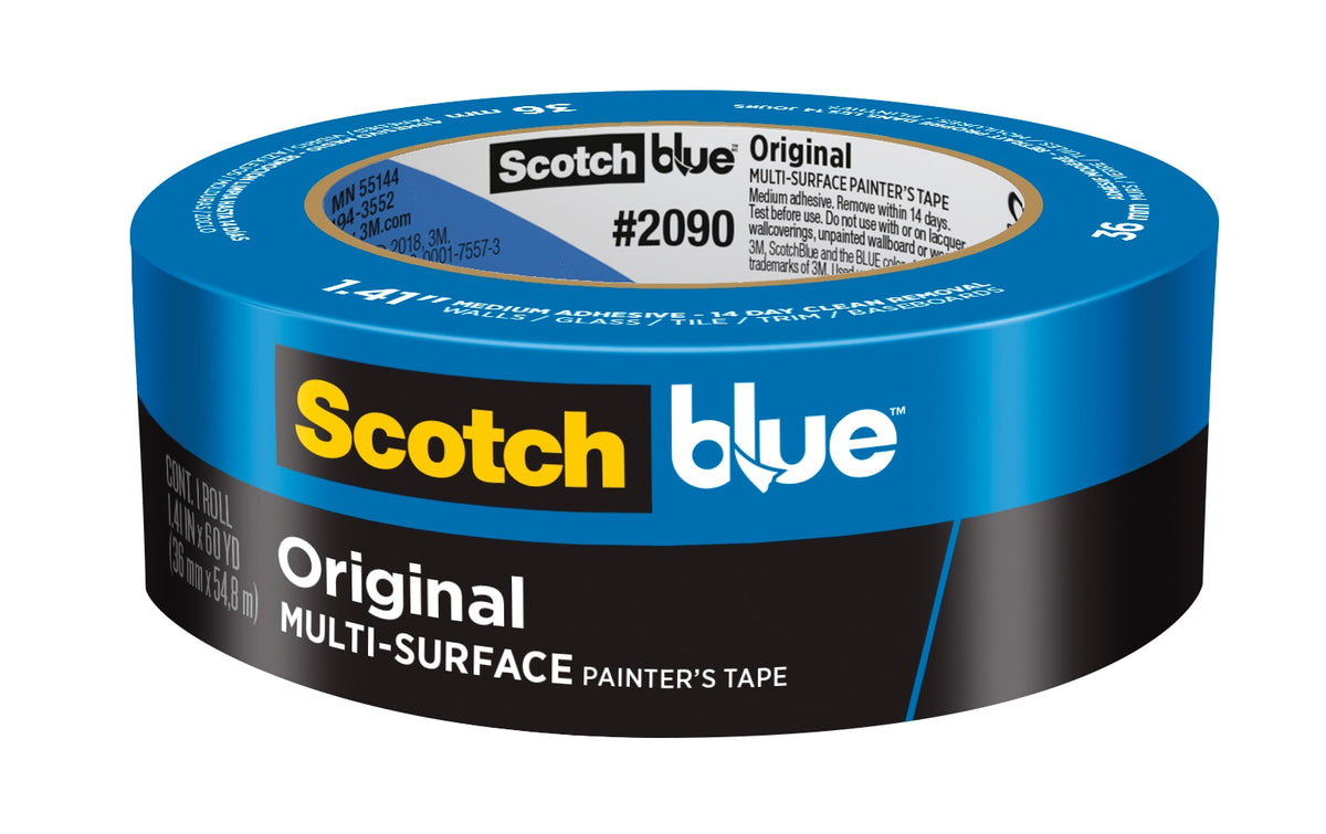 Single roll of ScotchBlue Original Multi-Surface Painter's Tape 2090 in the 36 mm width, blue and black label marked 1.41 in x 60 yd, 36 mm x 54.8 m, on a white background.