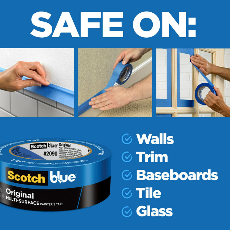 ScotchBlue Original 2090 roll in the 36 mm width beside three photos of the blue tape in use, under a heading listing walls, trim, baseboards, tile and glass.
