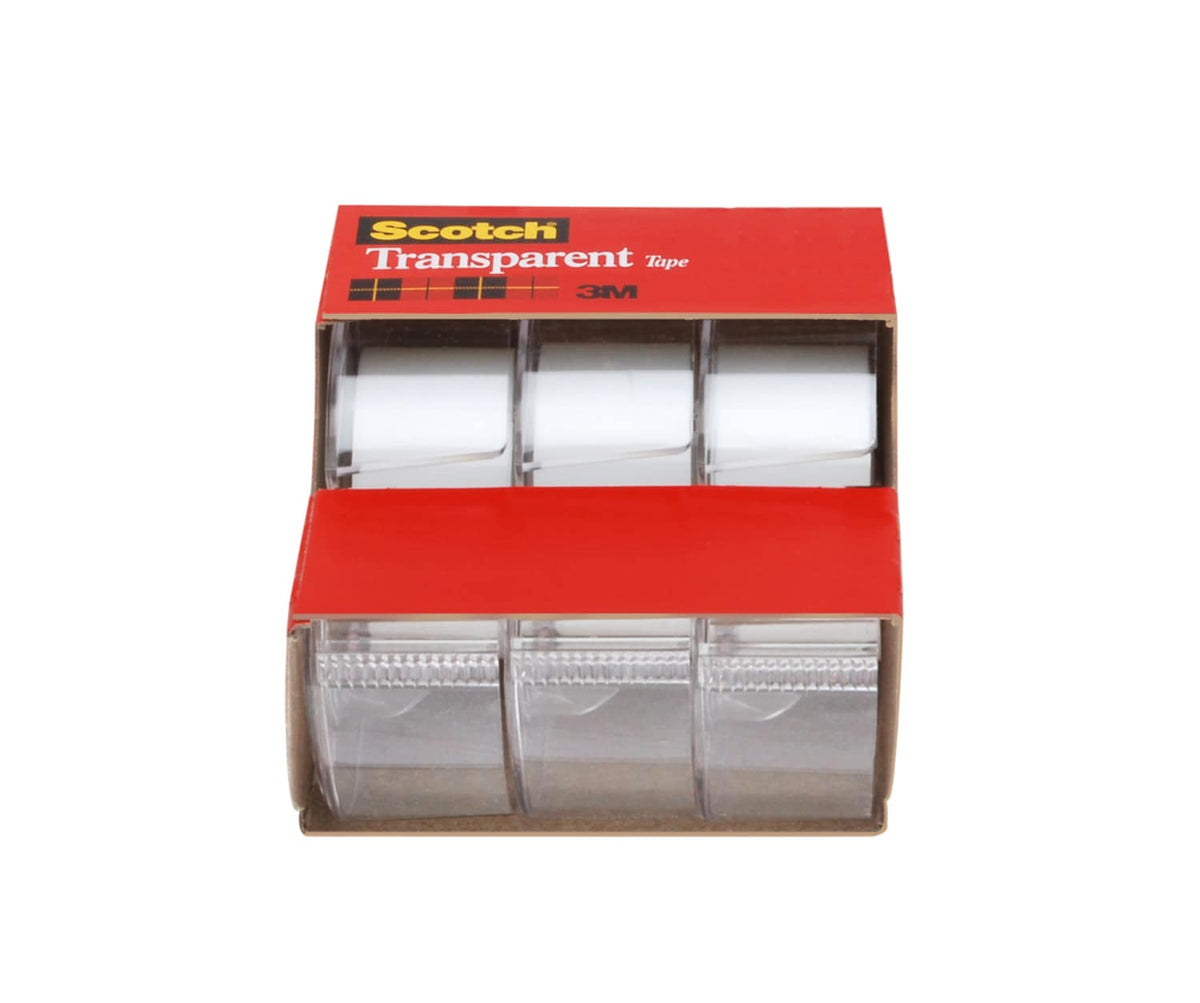 Scotch Transparent Tape 3157S pack opened to show three rolls of tape, each in a clear dispenser, in a red box
