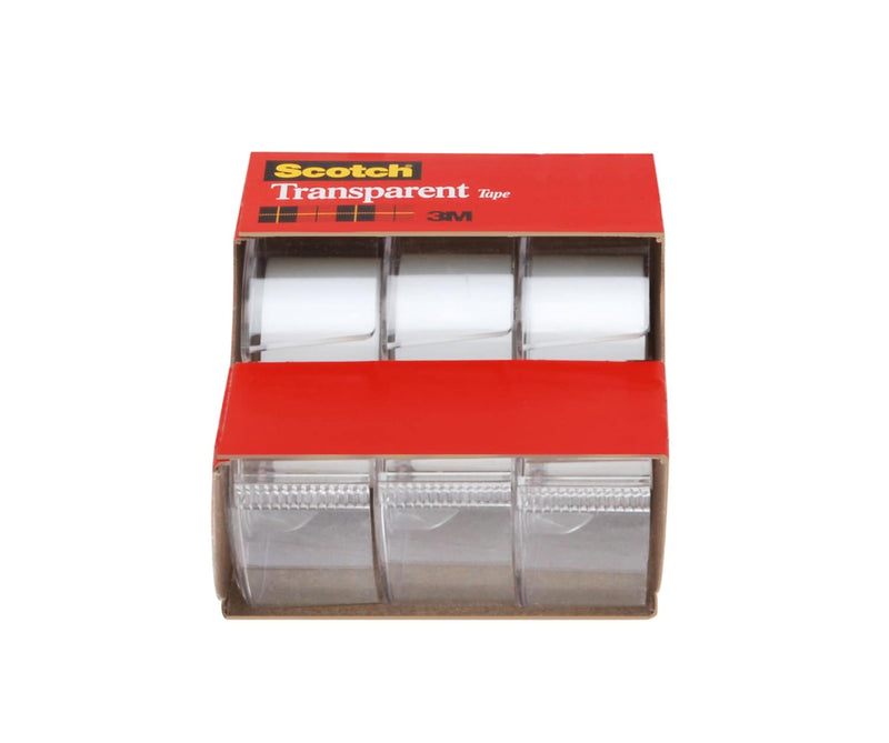 Scotch Transparent Tape 3157S pack opened to show three rolls of tape, each in a clear dispenser, in a red box