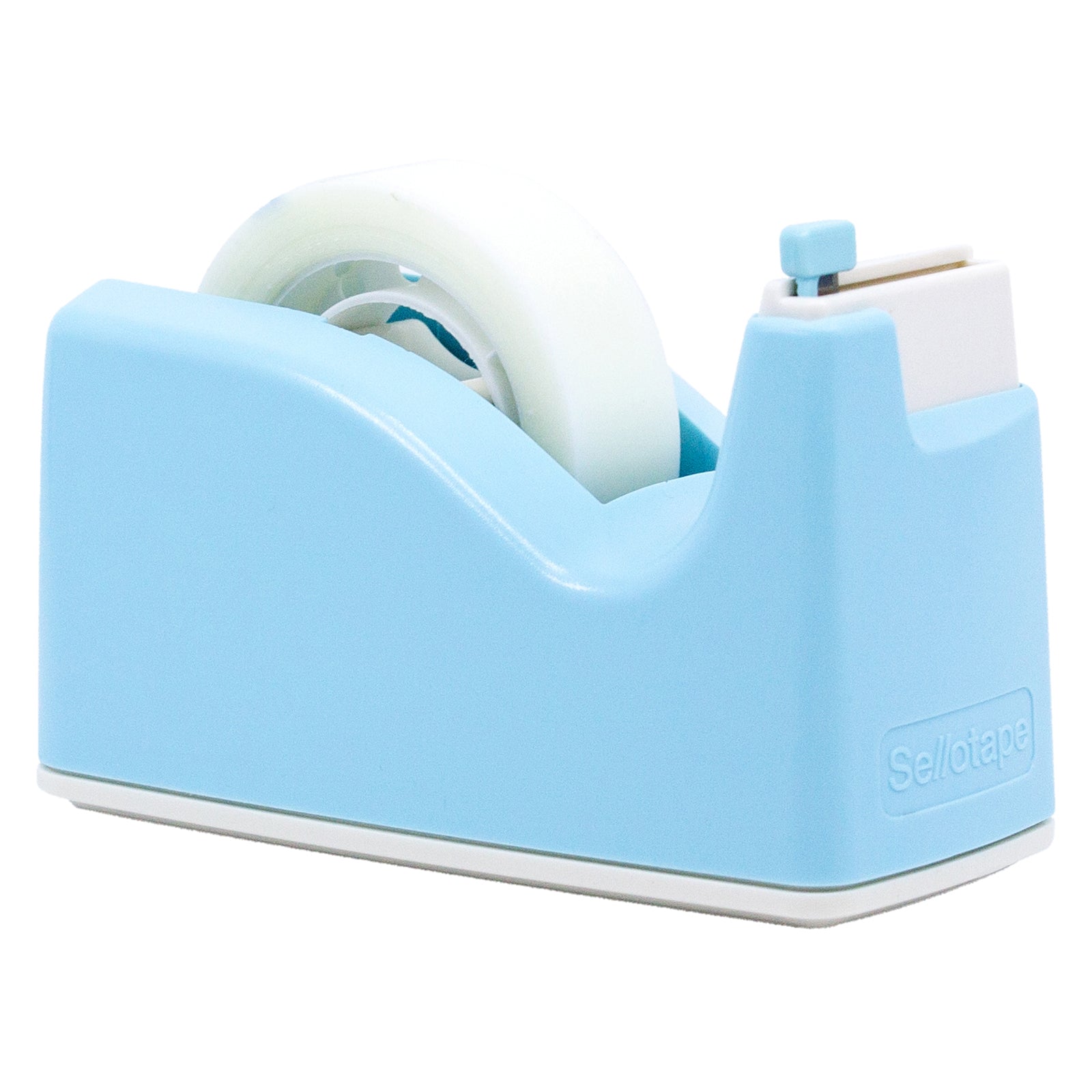 Three quarter product view of the pastel blue Sellotape Safety Tape Dispenser isolated on a white background, highlighting the smooth curved housing, concealed blade and included invisible tape from an attractive retail angle.