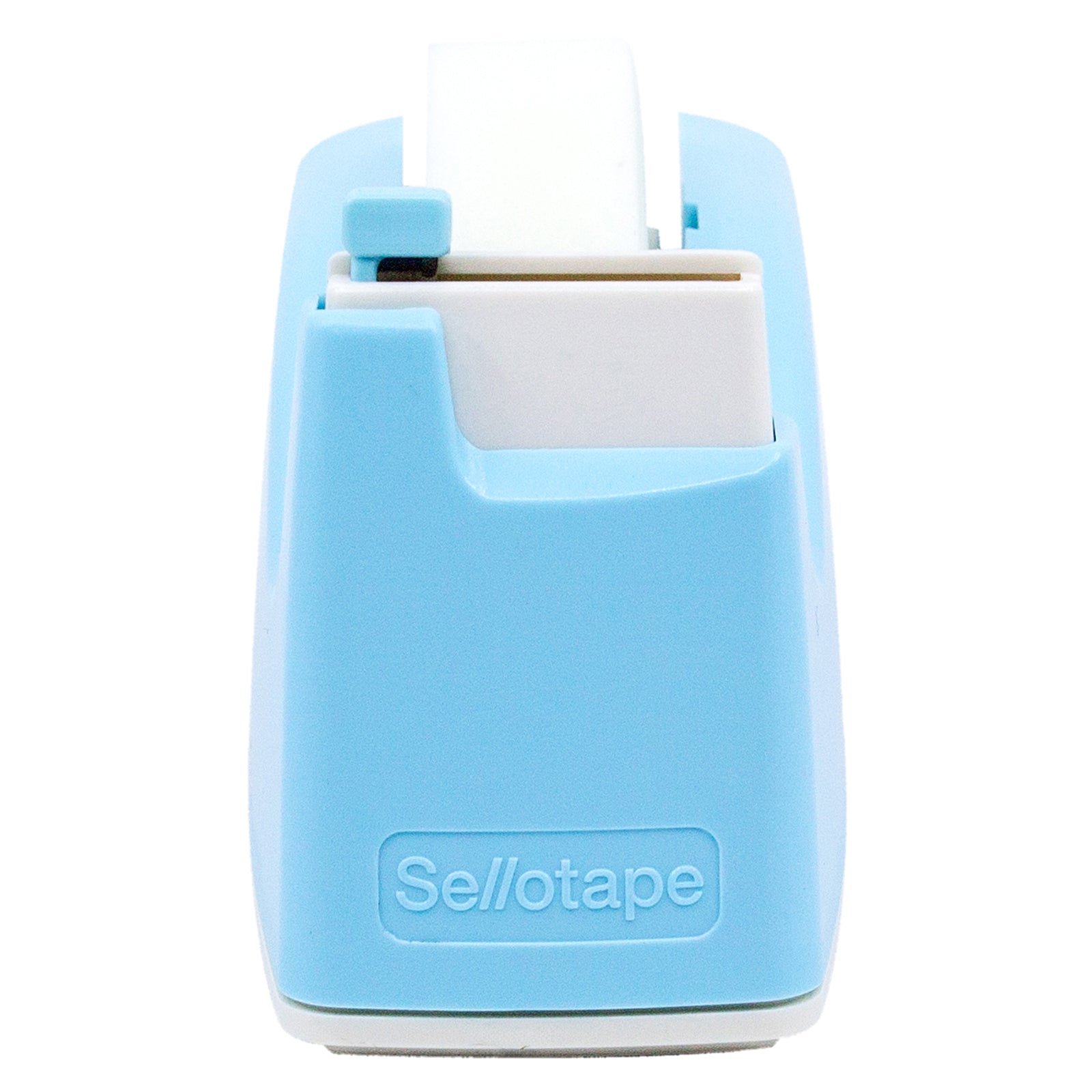 Front close up of the Sellotape Safety Tape Dispenser against a white background, clearly displaying the Sellotape branding, concealed cutting mechanism and compact desktop design for accurate product presentation.