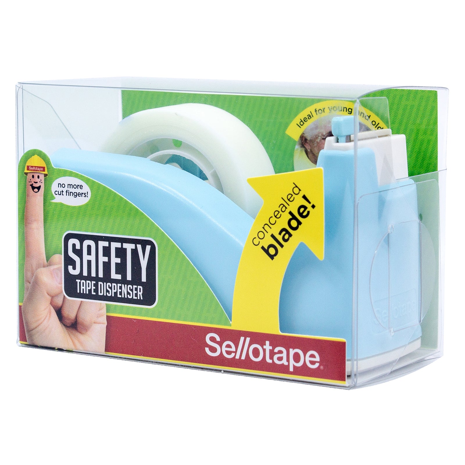 Angled retail packaging image showing the pastel blue Sellotape Safety Tape Dispenser inside its clear presentation box. The packaging highlights the concealed blade feature, safety messaging and included invisible tape.