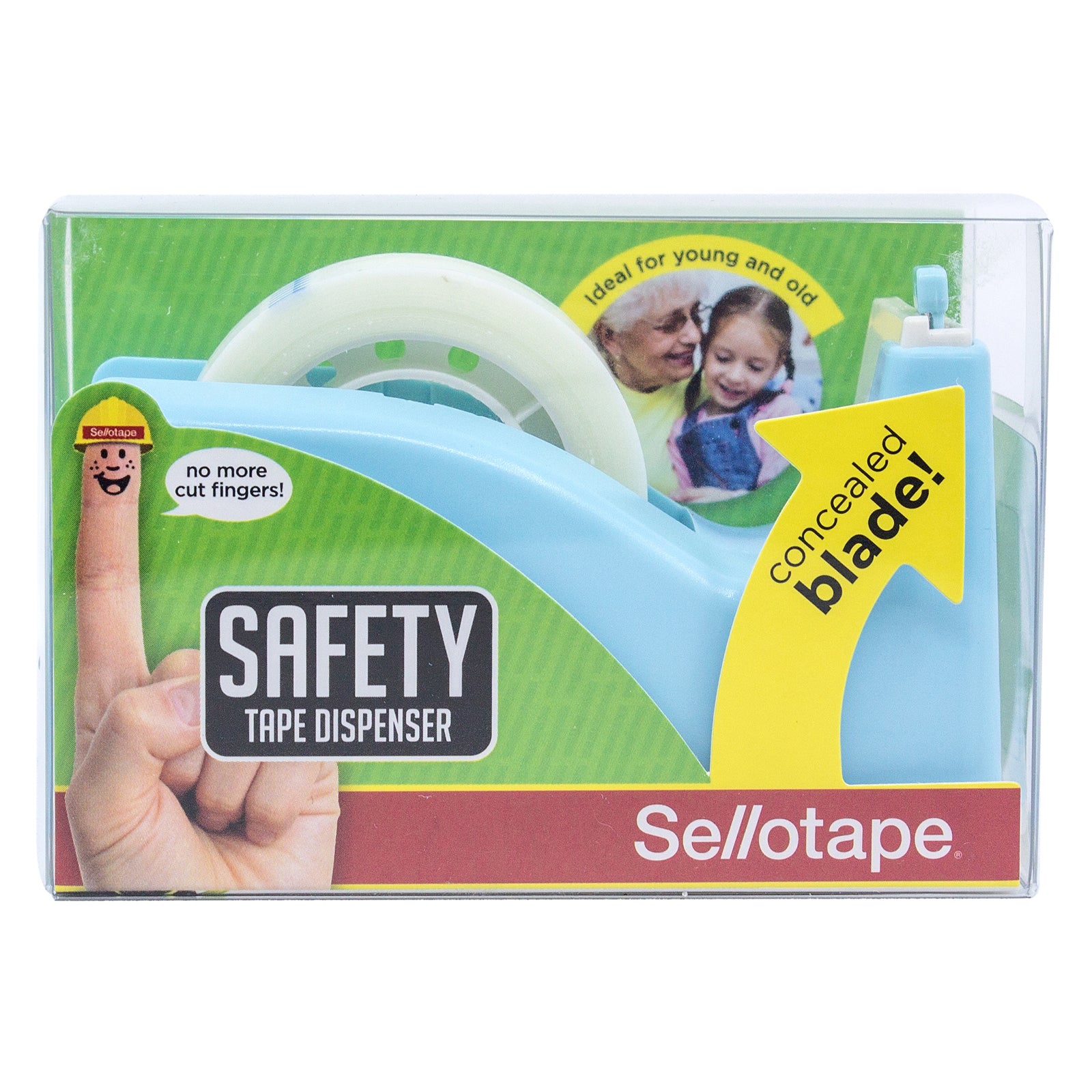 Front view of the packaged Sellotape Safety Tape Dispenser displaying the safety branding, concealed blade information and Sellotape logo exactly as presented in retail packaging.