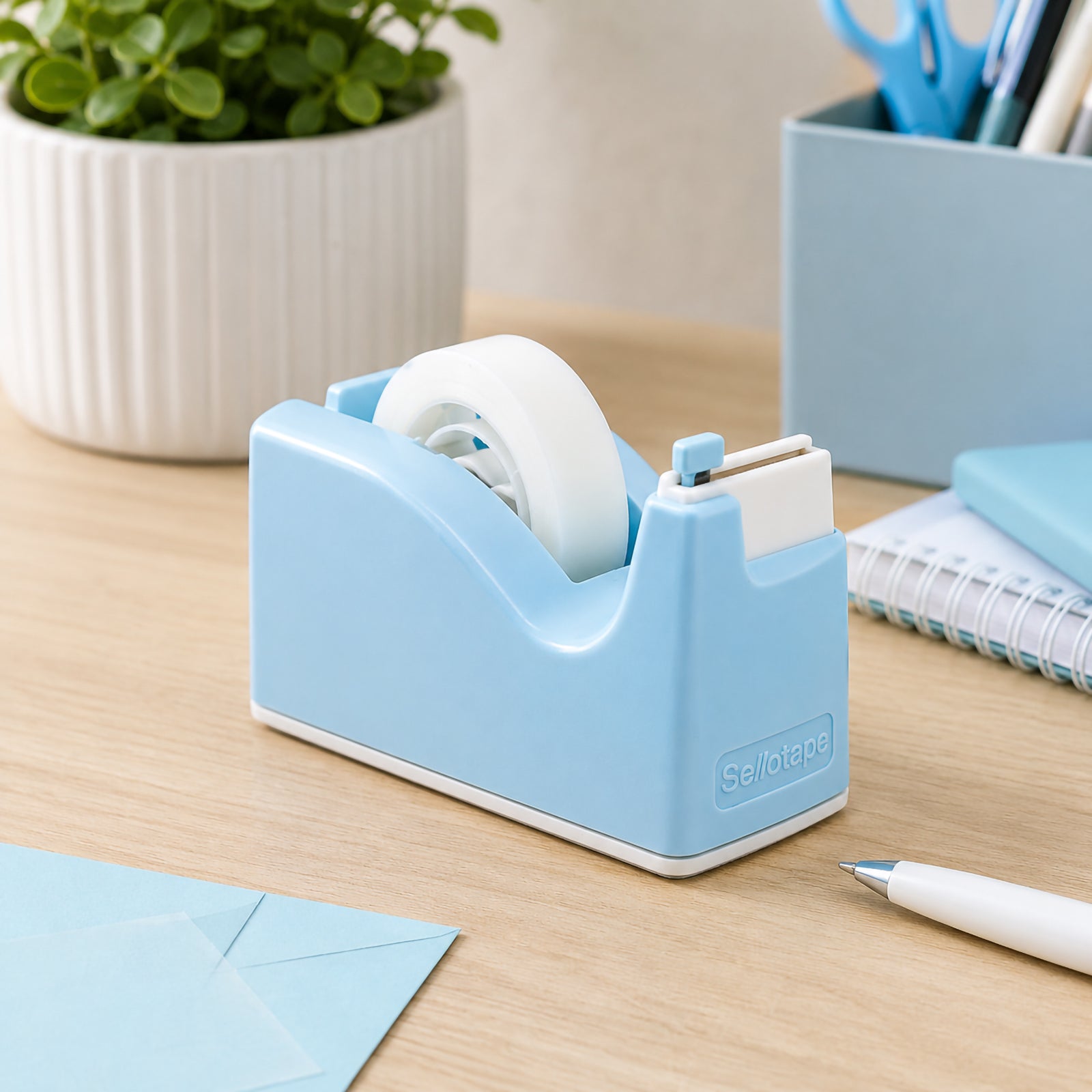 Angled lifestyle image of the pastel blue Sellotape Safety Tape Dispenser displayed on a tidy office desk beside a notebook, blue envelope, pen holder and indoor plant. The coordinated workspace showcases the dispenser as a practical and stylish desktop accessory.