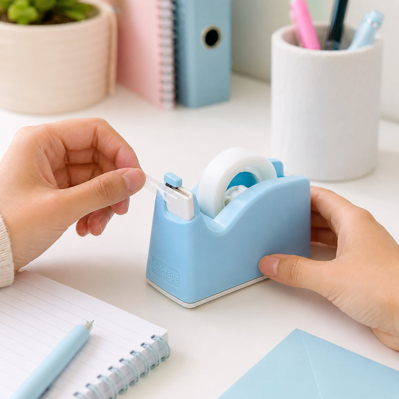 A person uses the pastel blue Sellotape Safety Tape Dispenser on a modern desk while dispensing invisible tape for everyday stationery tasks. The concealed safety blade, compact design and stable base are highlighted alongside coordinated blue office supplies, demonstrating safe and convenient daily use.