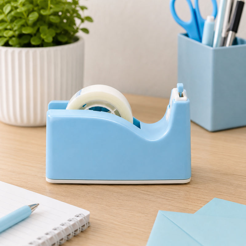 Side profile of the pastel blue Sellotape Safety Tape Dispenser positioned on a clean wooden desk with matching stationery, notebooks and a potted plant. The image emphasises the compact footprint, concealed blade and premium invisible tape roll.